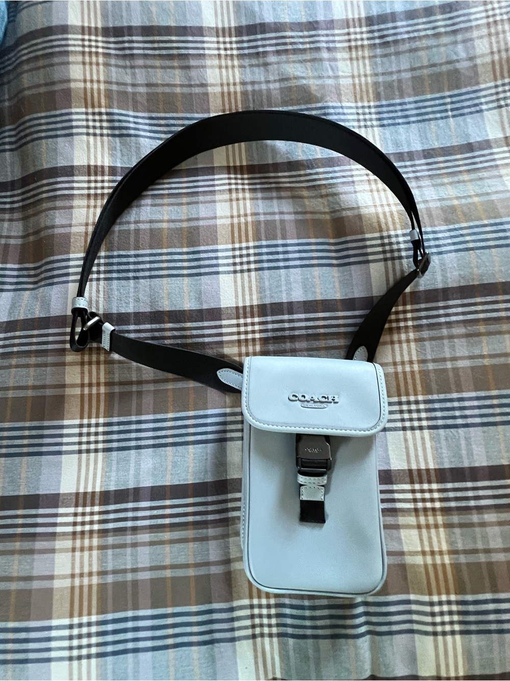 Coach Light Grey Leather Men’s Belt Bag with Black Strap and Silver Hardware